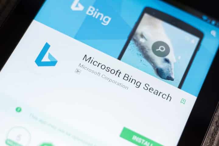 Ryazan, Russia - June 24, 2018: Microsoft Bing Search mobile app on the display of tablet PC.