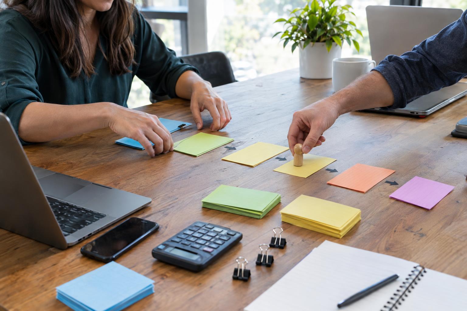 Hands Organizing Marketing Revenue Attribution Stages From Leads To Booked Jobs And Completed Work